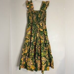 Kourt Calypso Paisley Green and Yellow Flutter Sleeve Smocked Midi Dress